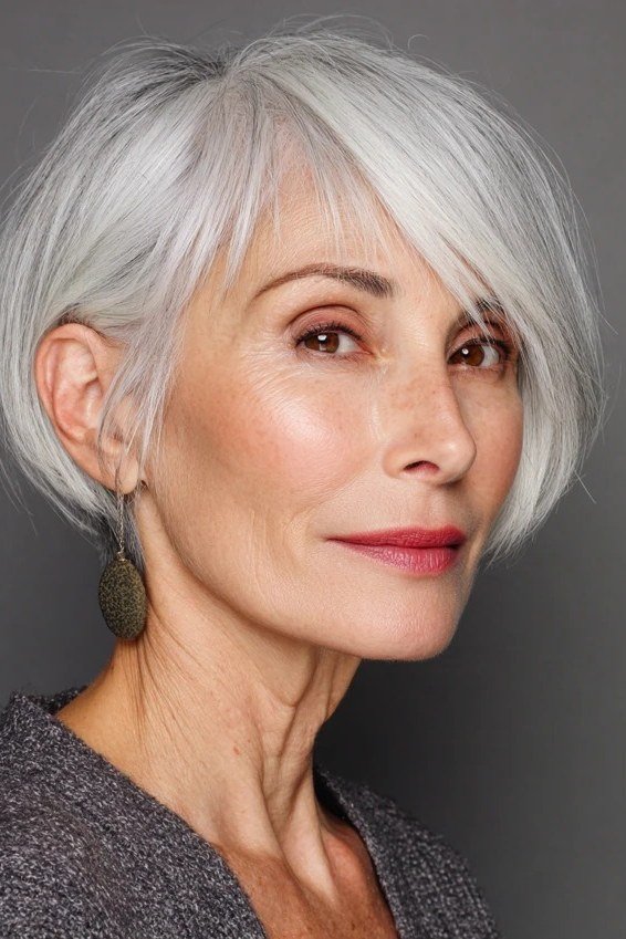 White feathered pixie haircut for older women, front view