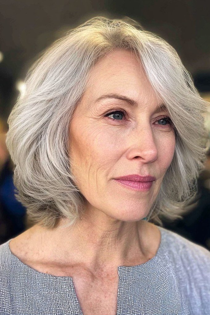 Silver wavy bob haircut for older women, front view
