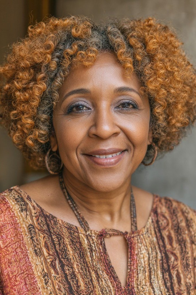 Honey-blonde curly crop haircut for women over 60, front view