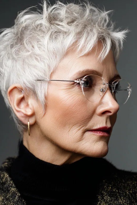 White spiky pixie haircut, side profile view
