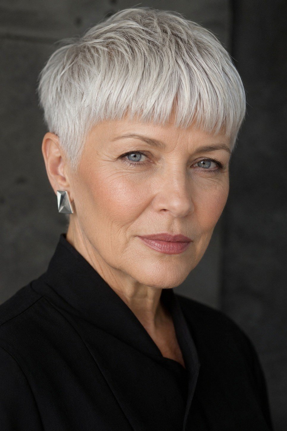White crop haircut with bangs for women over 60, front view