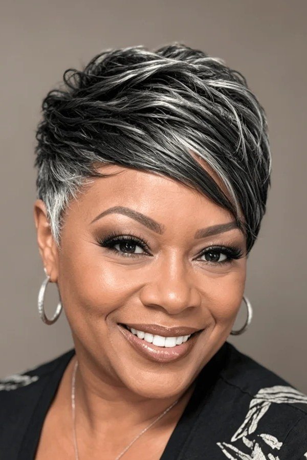 Black pixie haircut with silver highlights, front view