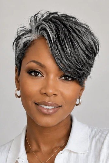 Salt-and-pepper pixie haircut for women over 60, front view