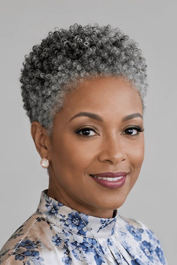 Silver curly pixie haircut for older women, front view