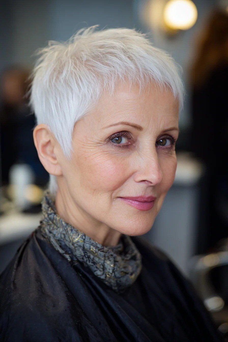 White pixie haircut, fresh salon style, front view