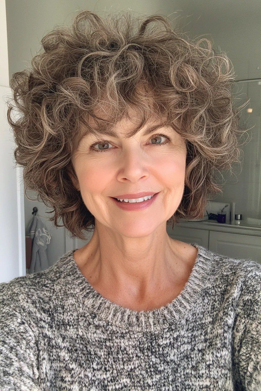 Brown curly pixie haircut for older women, front view
