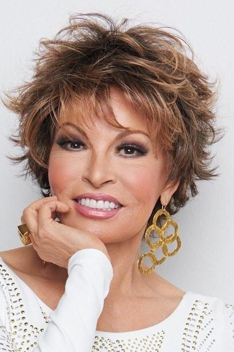 Brown shaggy pixie haircut for women over 60, front view