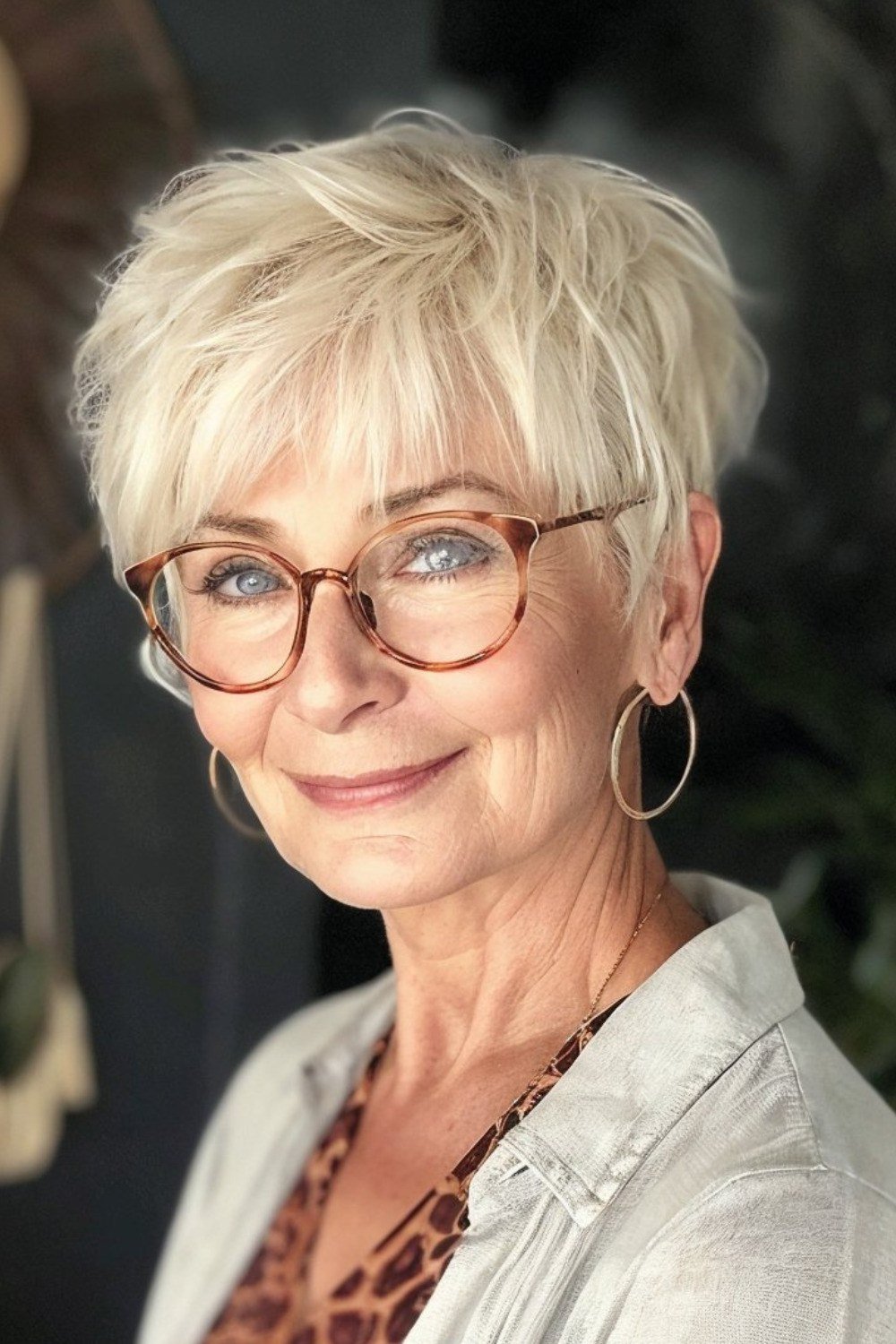 Blonde pixie haircut with glasses for women over 60, front view