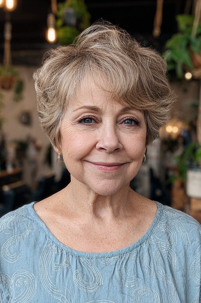 Brown curly pixie haircut, salon style, front view