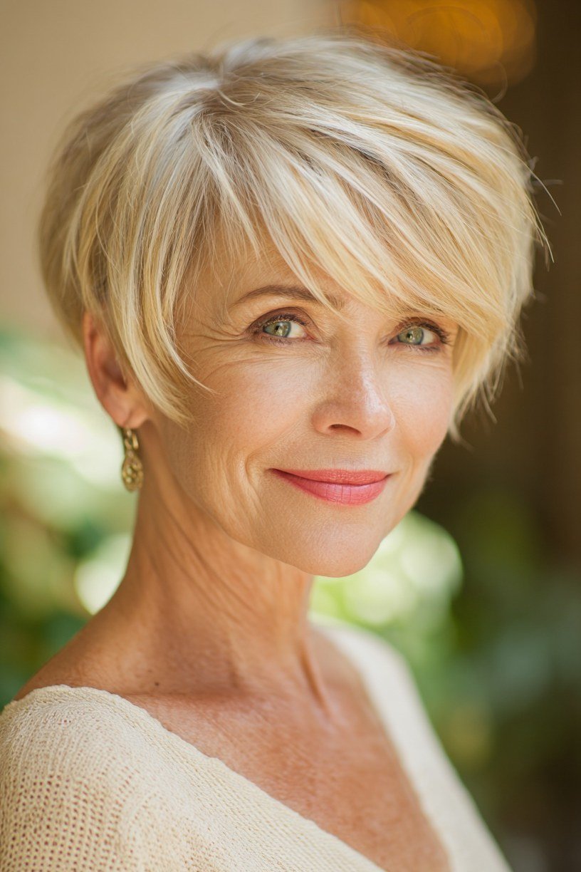 Blonde pixie haircut, outdoor side profile view