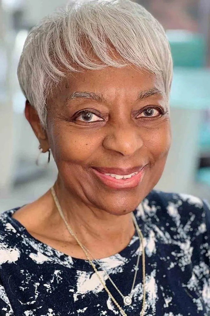 White pixie haircut for women over 60, front view