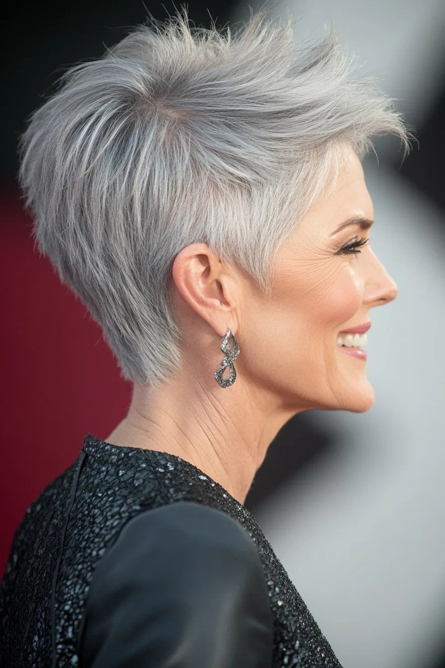 White spiky pixie haircut with earrings, side view