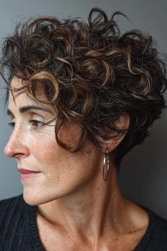 Dark brown curly pixie haircut, side profile view
