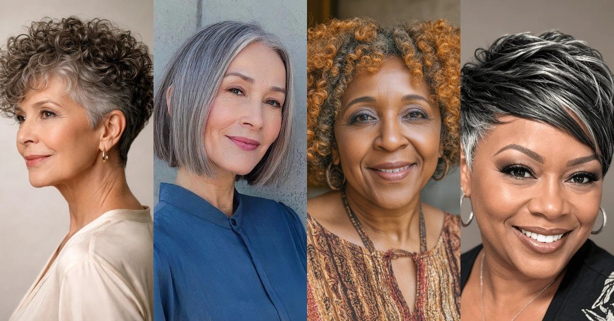 Collage of four short hairstyles for women over 60: silver curly pixie, silver chin bob, honey-blonde curly crop, black pixie with silver highlights