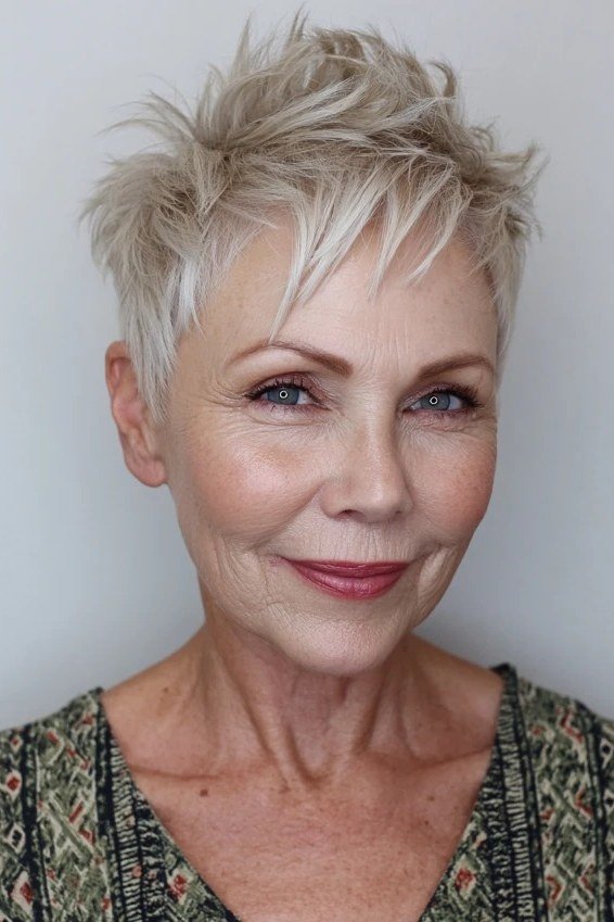 white pixie with bangs, front view, for older women