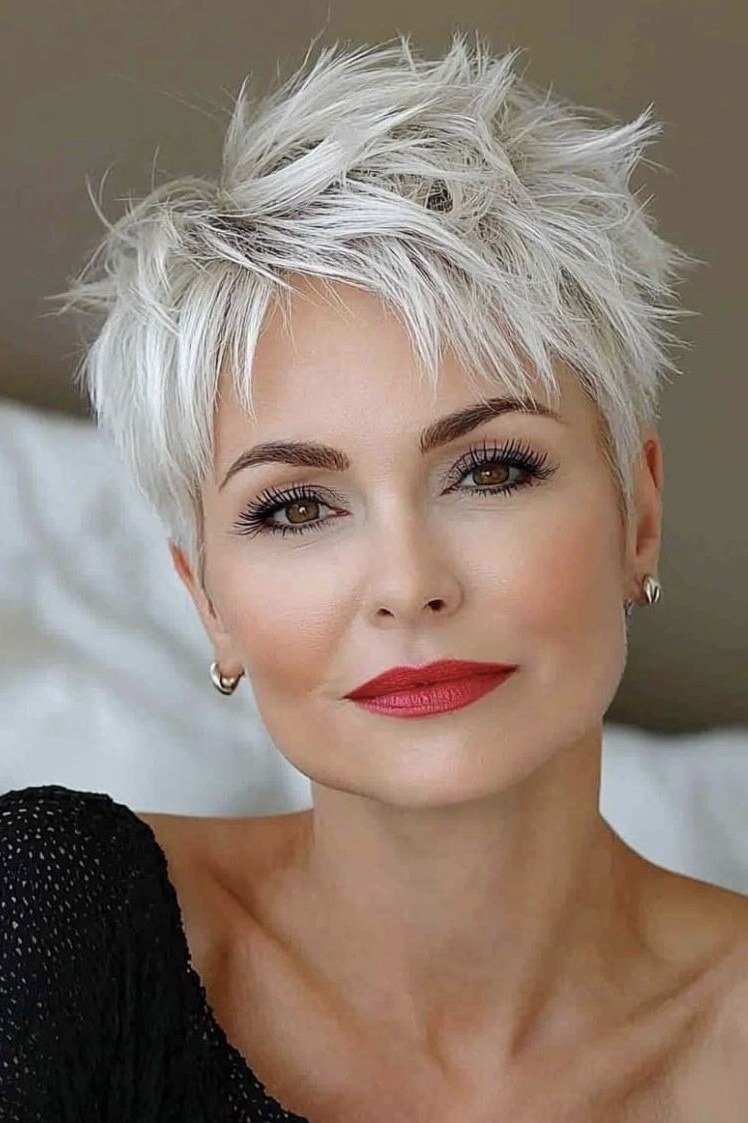 white pixie with bangs, front view, for older women