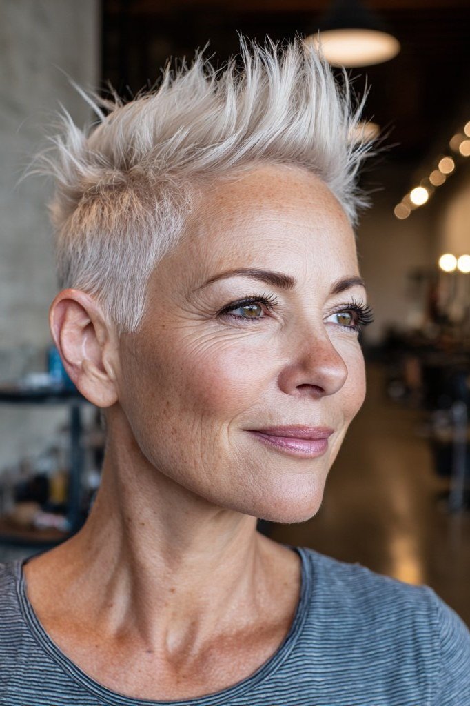 white spiky pixie, 3/4 front view, for older women