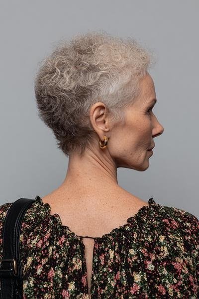 short silver pixie, side profile, tapered nape, for older women