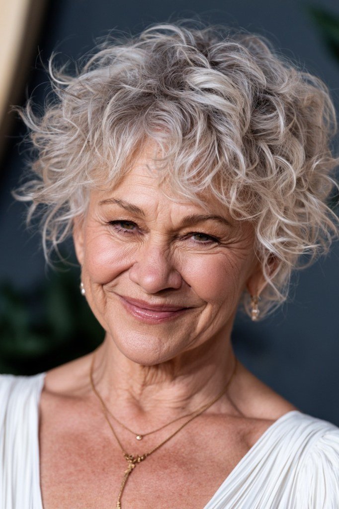 curly silver pixie, front smiling, for older women