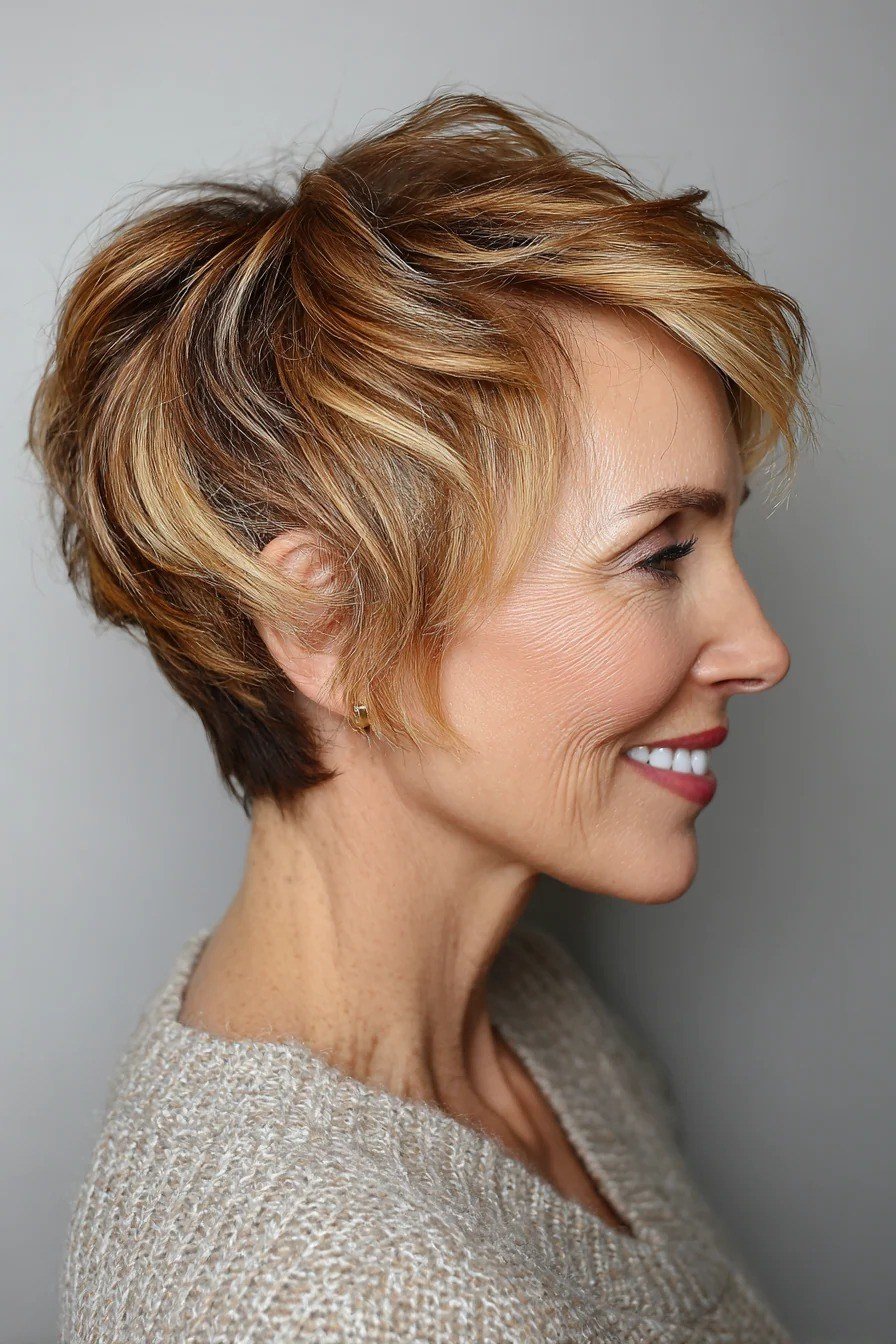 honey-blonde layered pixie-bob, side profile, for older women