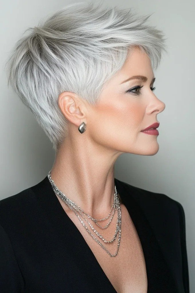 white-grey tapered pixie, side profile, for older women