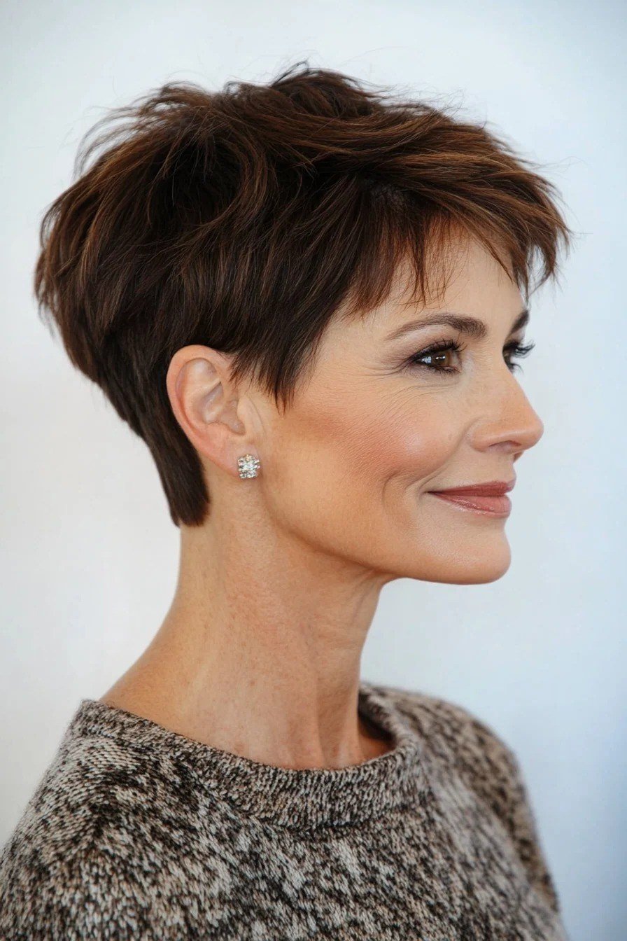 dark brown pixie with bangs, side profile, for older women