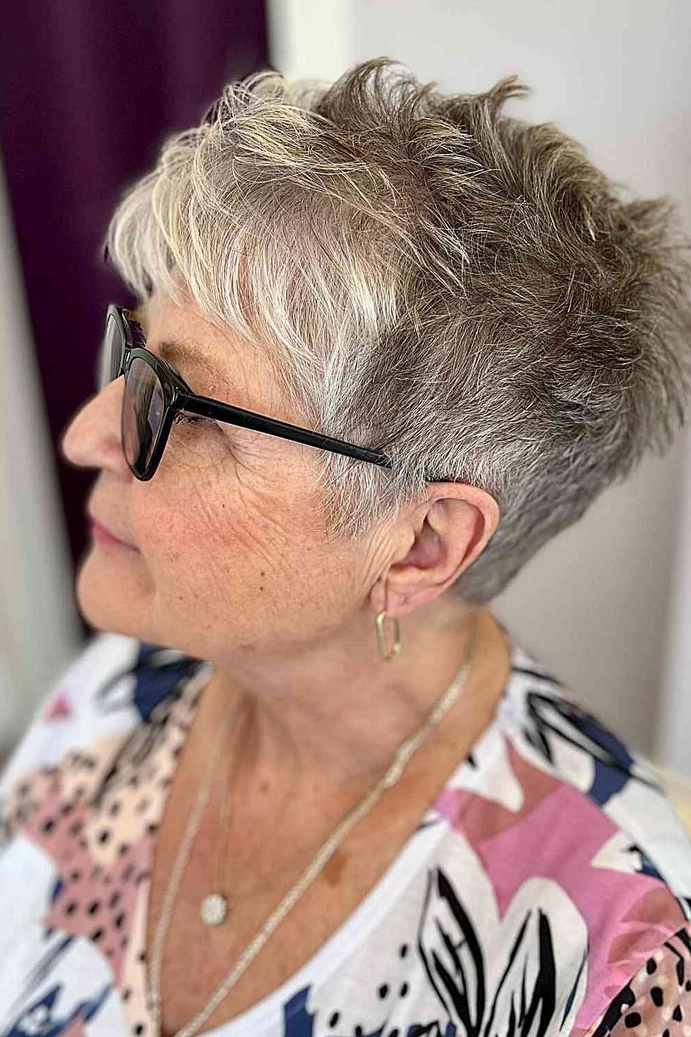 salt-and-pepper spiky pixie, 3/4 view, glasses, for older women