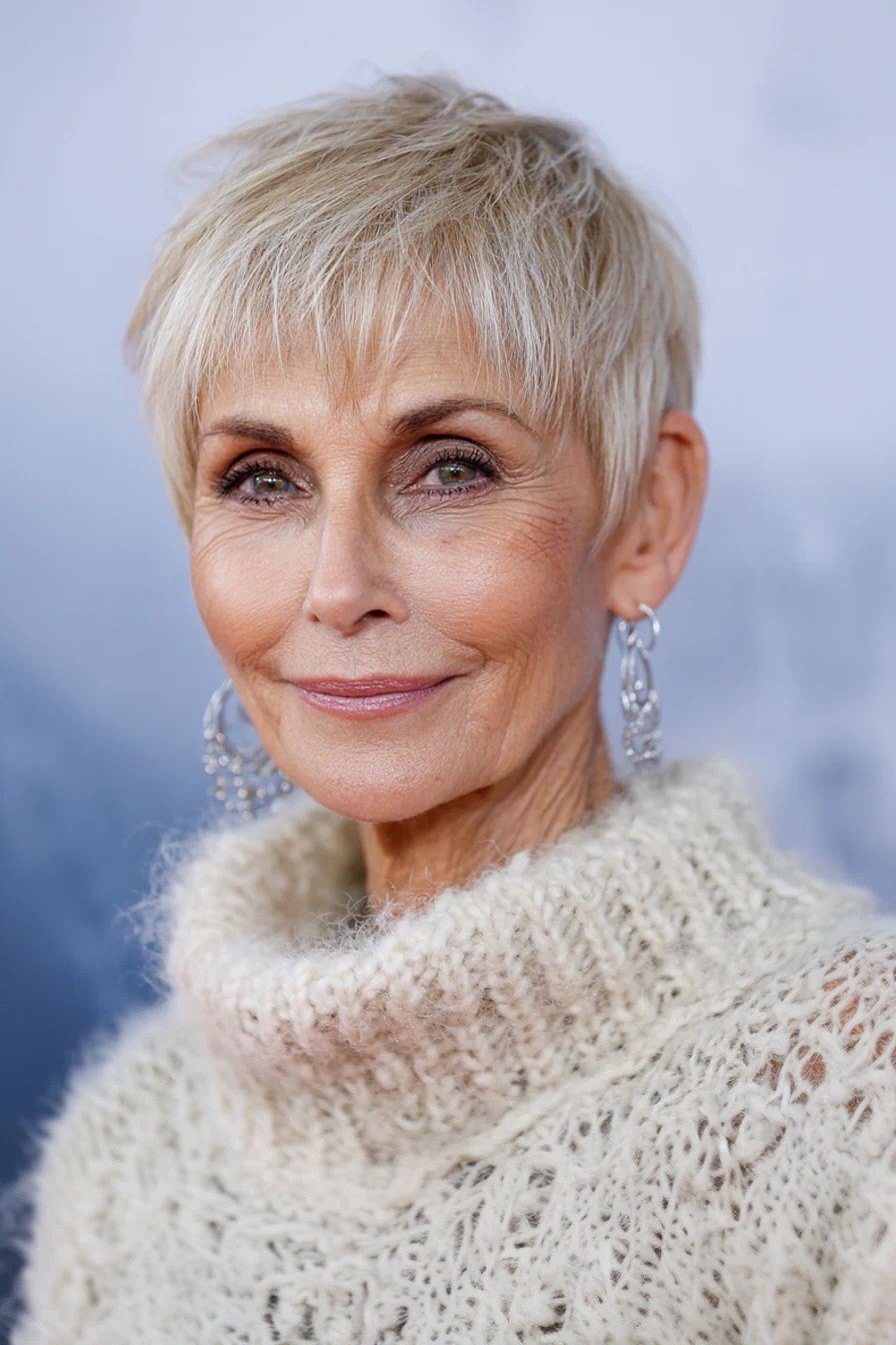 blonde-grey pixie, front view, cream knit sweater, for older women