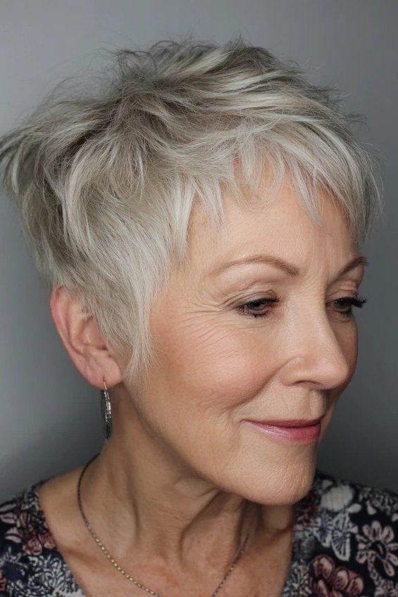 silver-grey pixie, 3/4 view, for older women