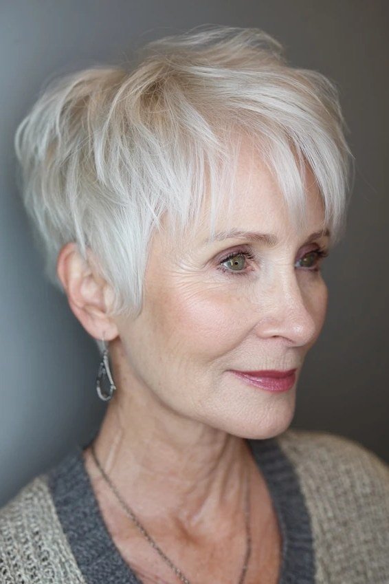 silver pixie with bangs, front view, for older women