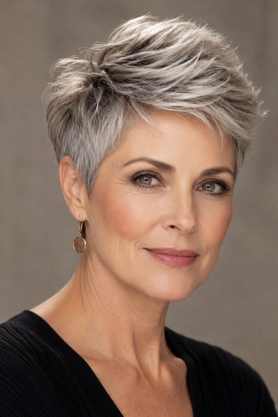 silver-grey pixie, front view, for older women