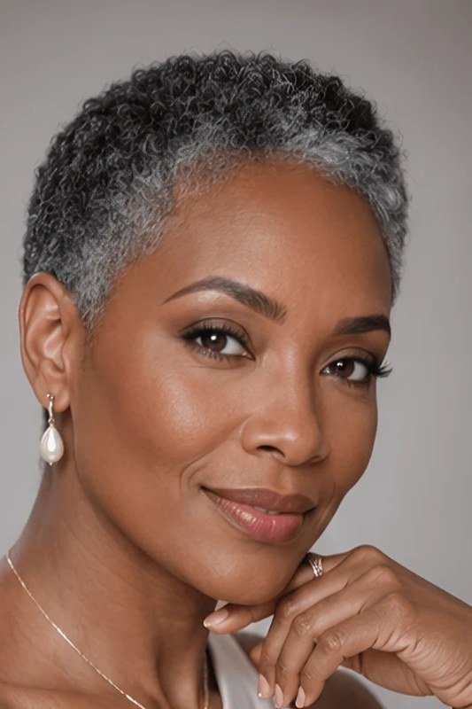 very short salt-and-pepper pixie, tapered sides, front view, black woman, for older women