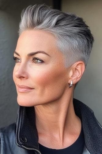 silver undercut pixie, 3/4 view, for older women