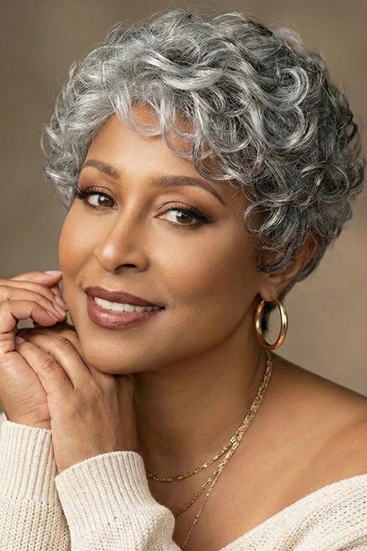 curly grey pixie, 3/4 view, black woman, for older women