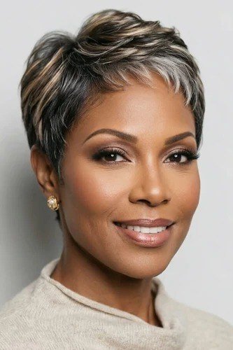 dark pixie with blonde highlights, front view, black woman, for older women