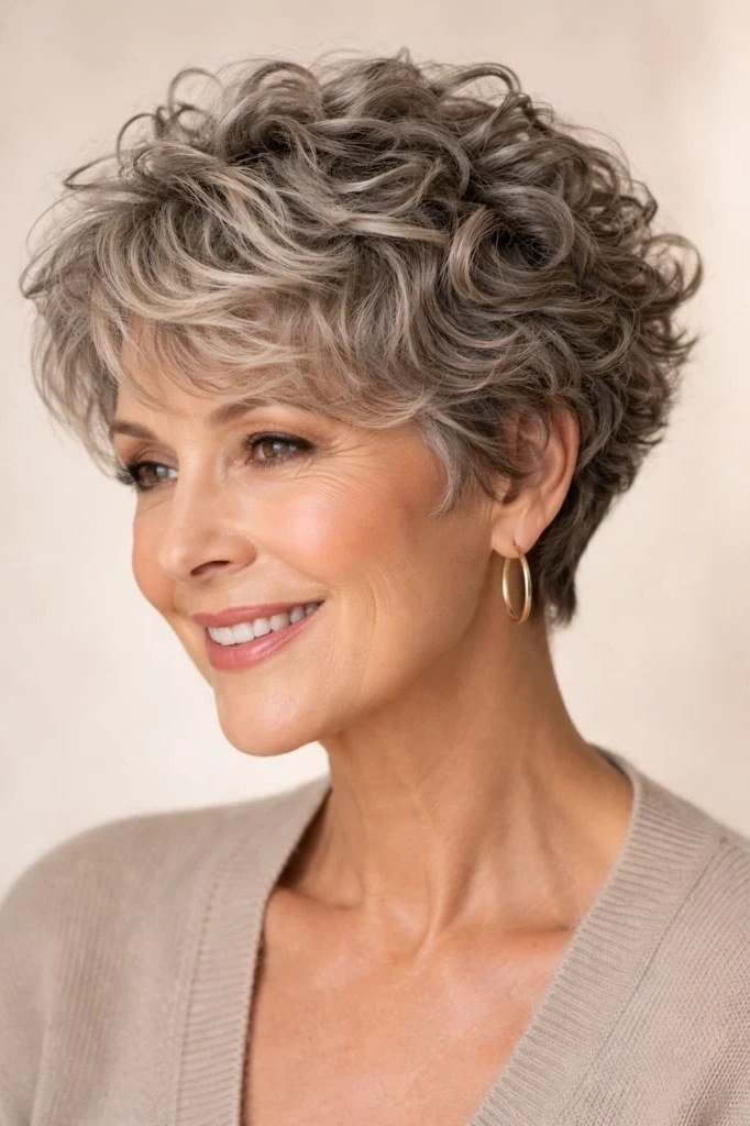 curly blonde pixie, 3/4 view, for older women