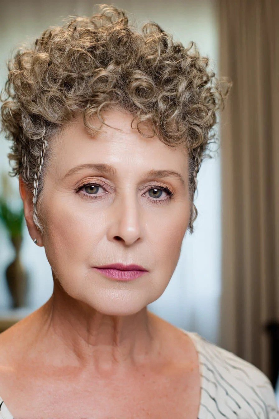 curly blonde pixie, front view, for older women