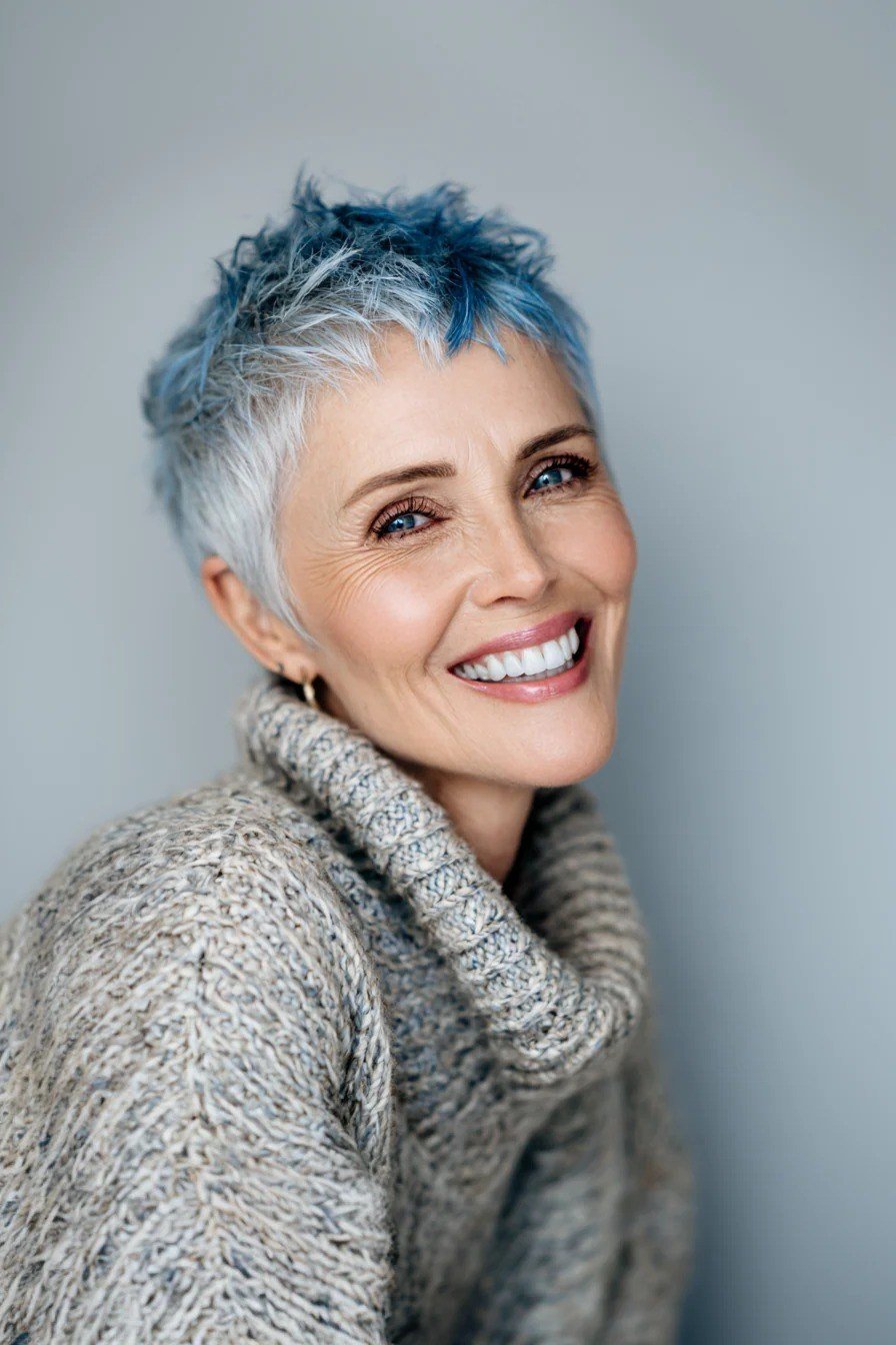 blue-dyed pixie, 3/4 smiling, for older women