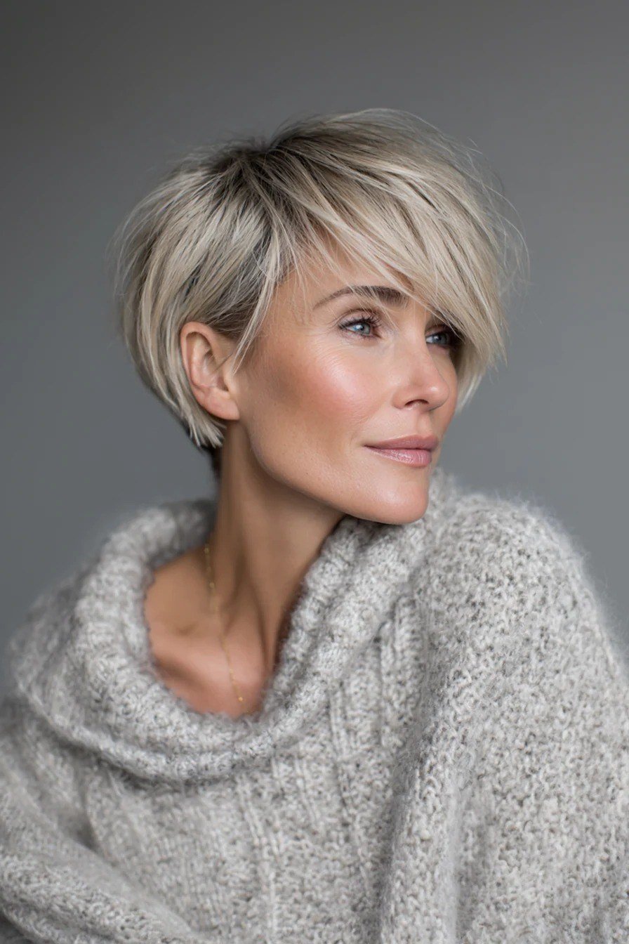 silver pixie with bangs, 3/4 view, for older women