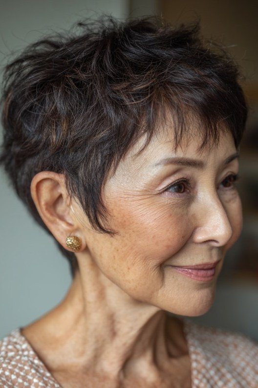 dark brown pixie, 3/4 view, for older women