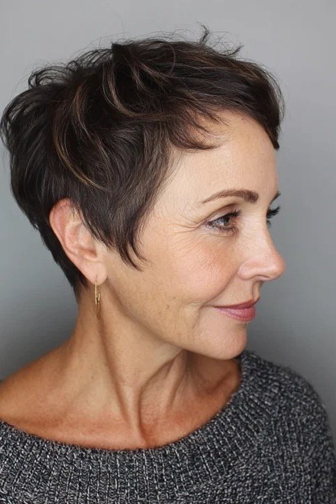 dark brown pixie, side profile, for older women