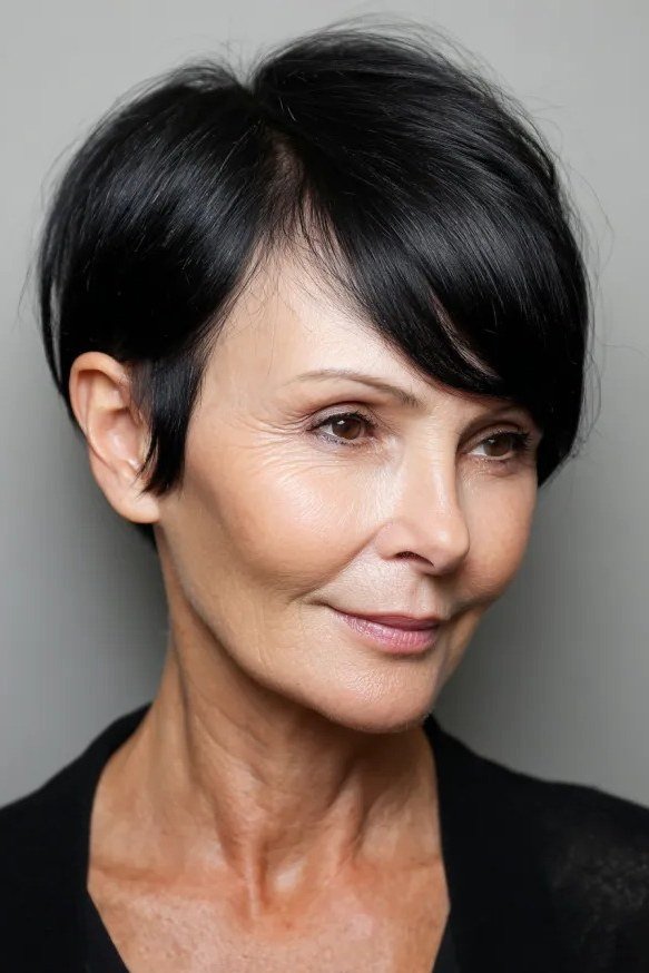 jet-black pixie with bangs, front view, for older women