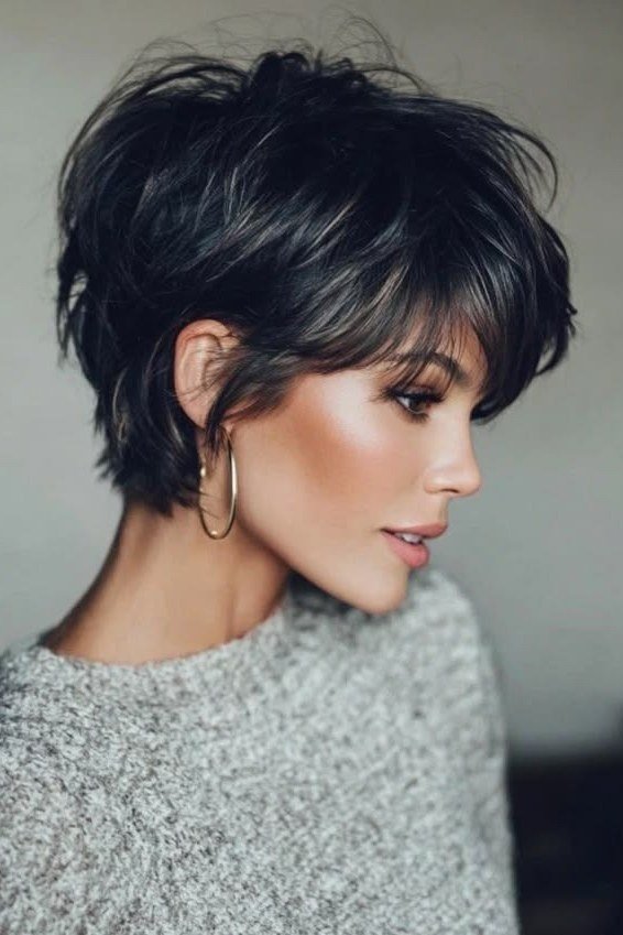 black pixie with bangs, side profile, for older women