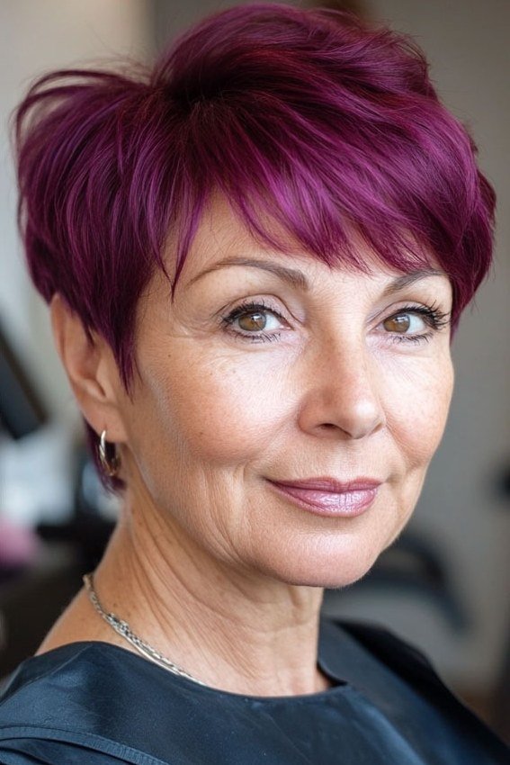 magenta pixie with bangs, front view, for older women