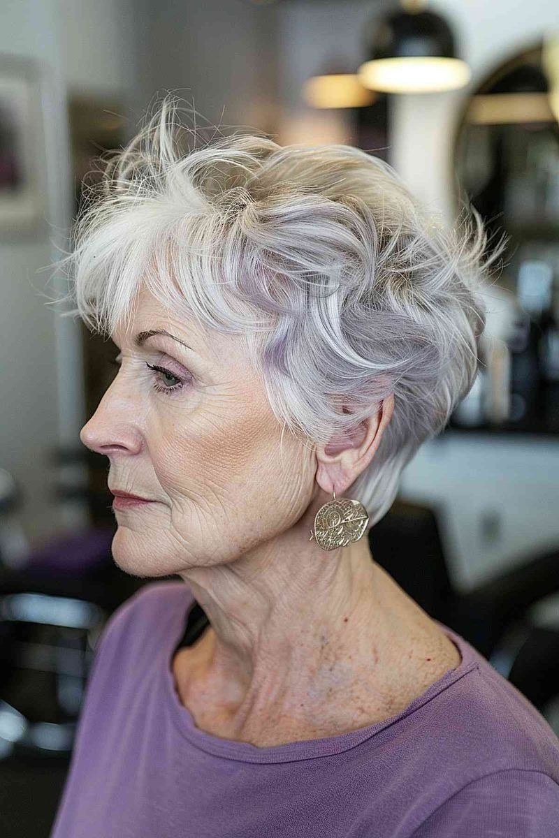 silver-lavender pixie, side profile, for older women