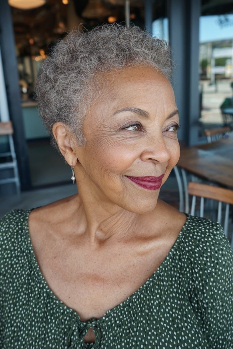 short grey pixie, 3/4 view, black woman, for older women
