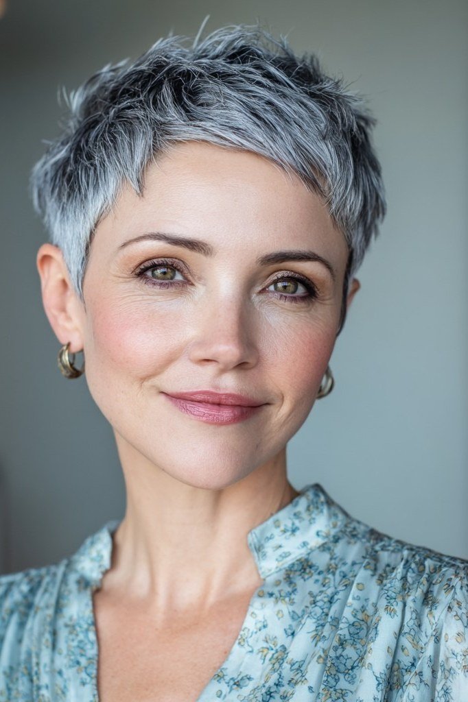 blue-grey pixie, front view, for older women
