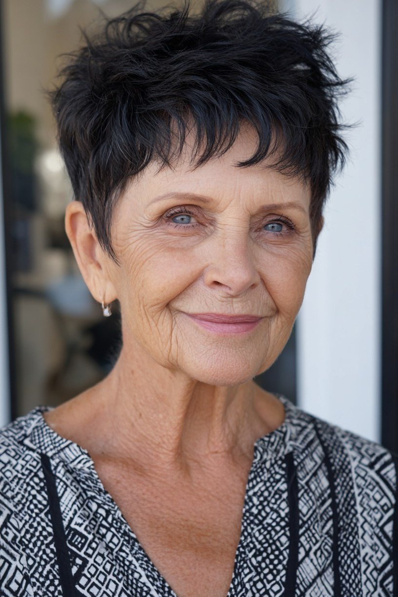 jet-black spiky pixie, front view, for older women