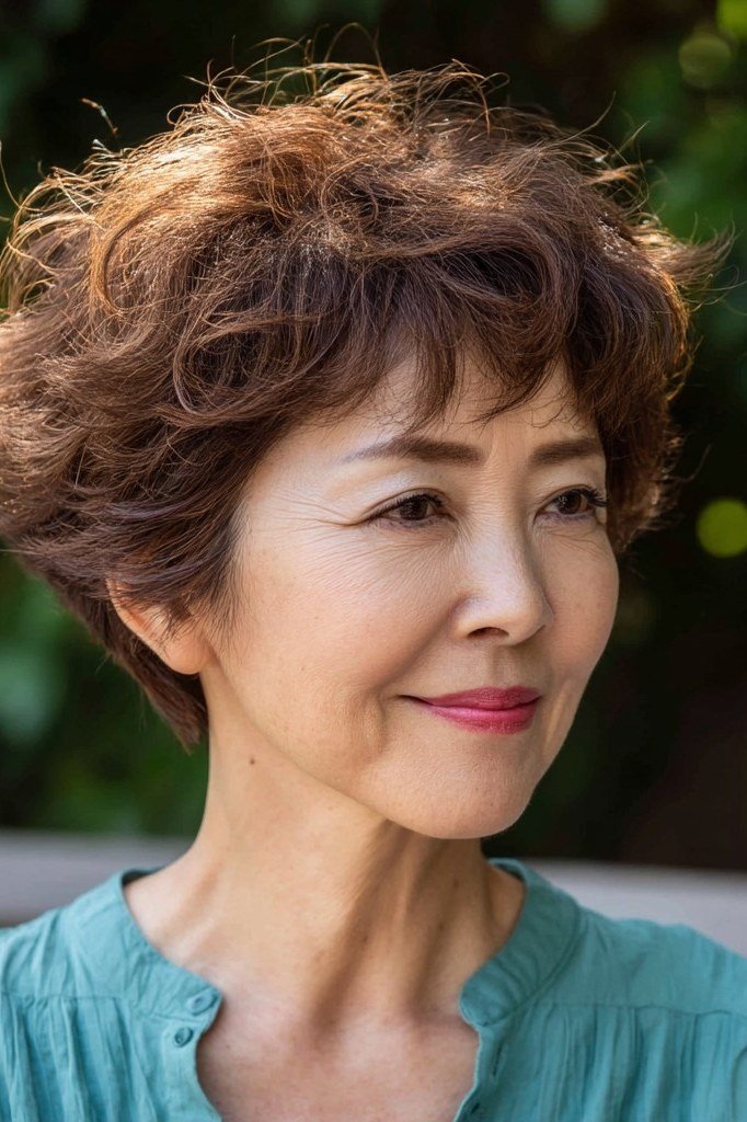 curly brown pixie, 3/4 view, asian woman, for older women