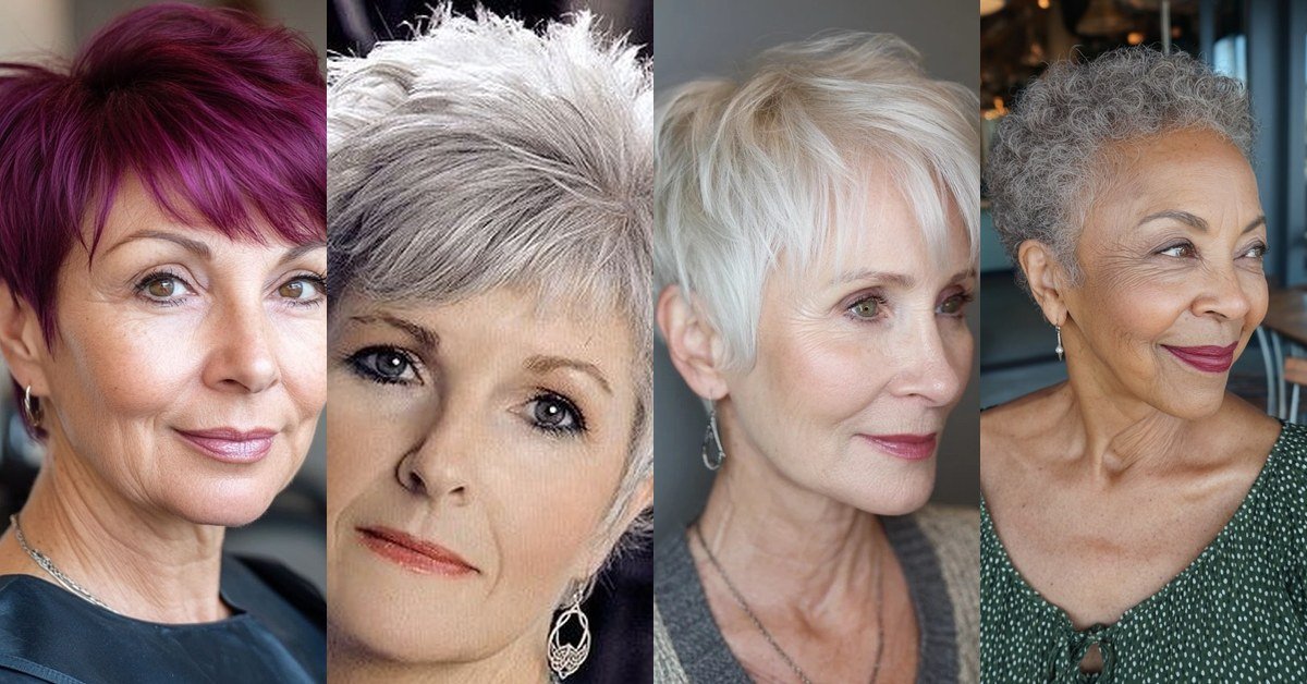 collage of four pixie haircuts for older women, silver white magenta and curly grey styles